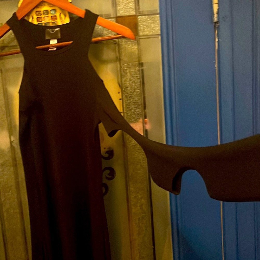 Black sexy mini dress fitted with holes throughout sleeves very unique.